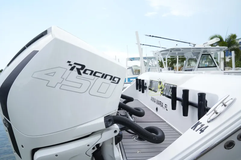 Slide: The Image of 2023 Front Runner 39 CC boat with Racing 450 engine, docked in Anna Maria, FL. - 18