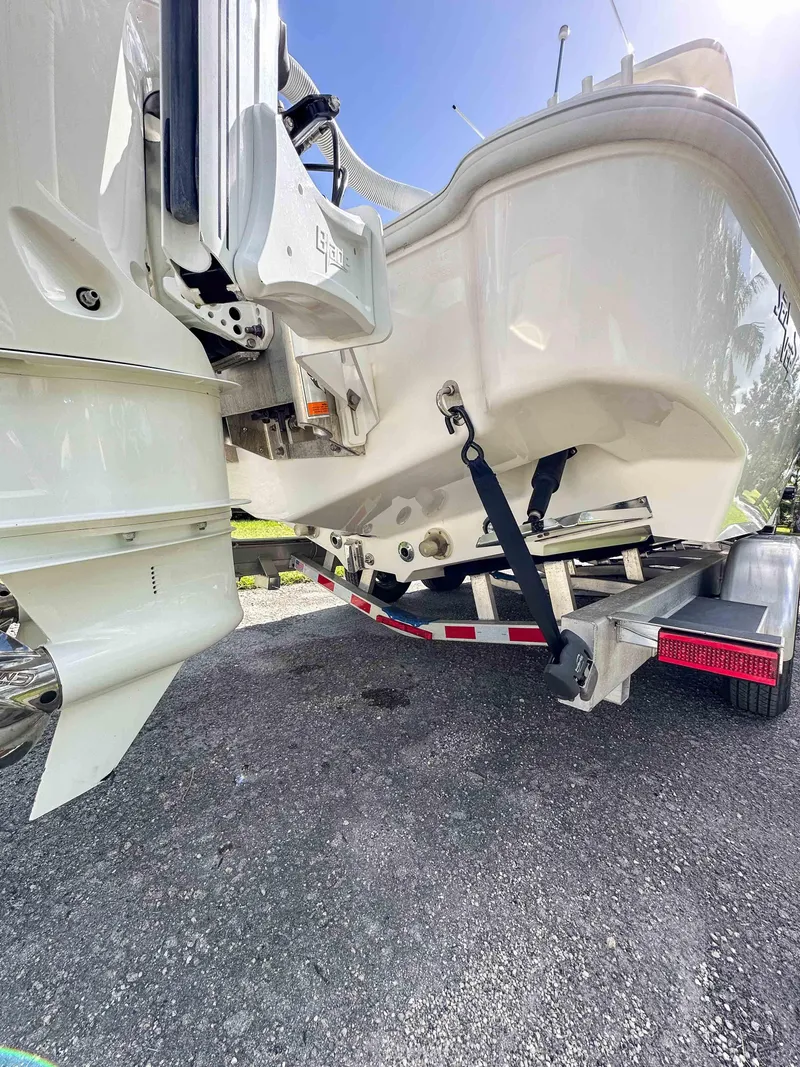 Slide: The Image of 2022 SeaVee 270Z boat on trailer, rear view showing hull and propeller. - 7