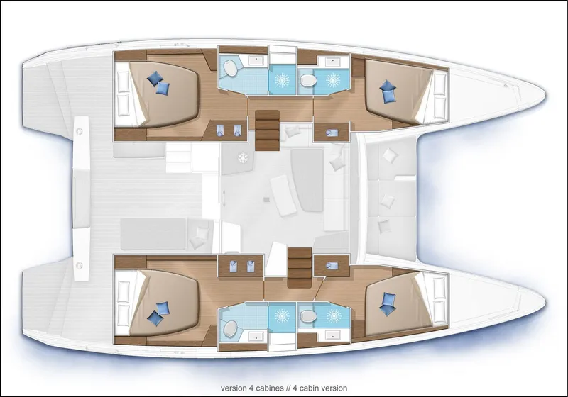 Slide: The Image of Floor plan of a 2017 Lagoon 42 catamaran with four cabins and bathrooms. - 12
