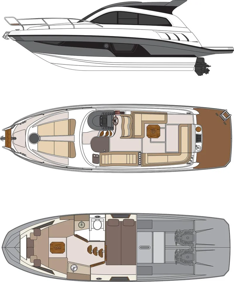 Slide: The Image of 2025 Hanover 355 Outboard boat design with top, side, and interior views. - 10