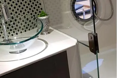 Slide: The Image of Luxurious bathroom interior of 2025 Hanover 355 Outboard yacht with glass sink and porthole. - 9