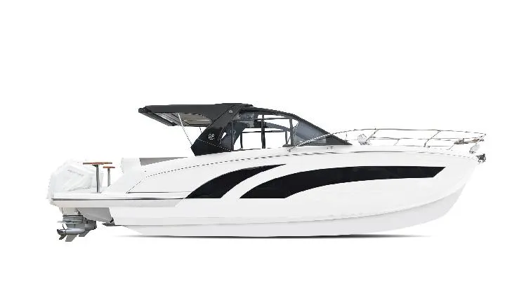 Slide: The Image of 2025 Hanover 387 Outboard Classic Luxury Edition boat, sleek white design, side view. - 1