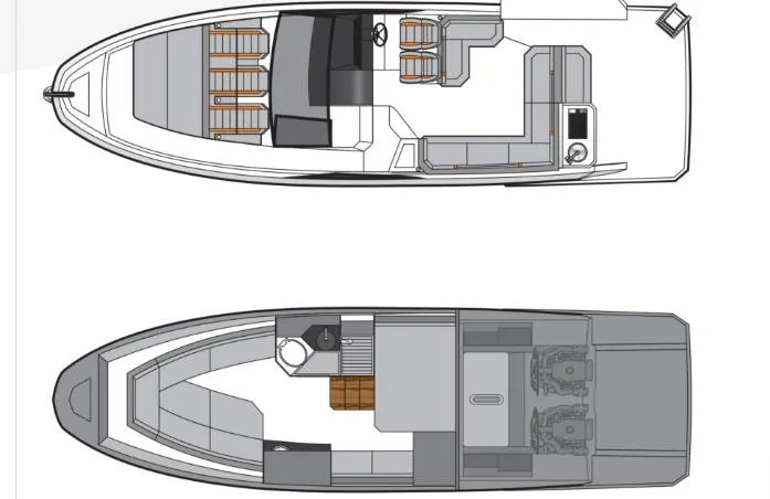 Slide: The Image of Top-down view of 2025 Hanover 387 Outboard Classic Luxury Edition boat layout. - 18