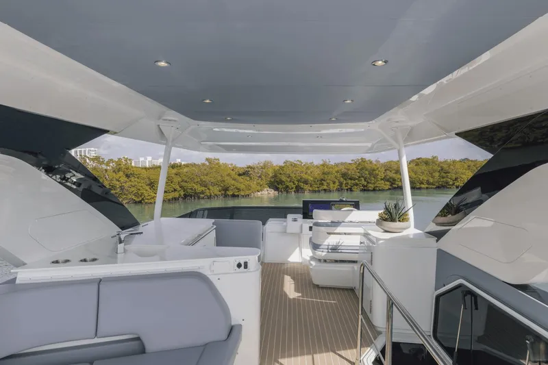 Slide: The Image of Luxurious 2025 Cruisers Yachts 57 Fly interior with modern design and scenic water view. - 19