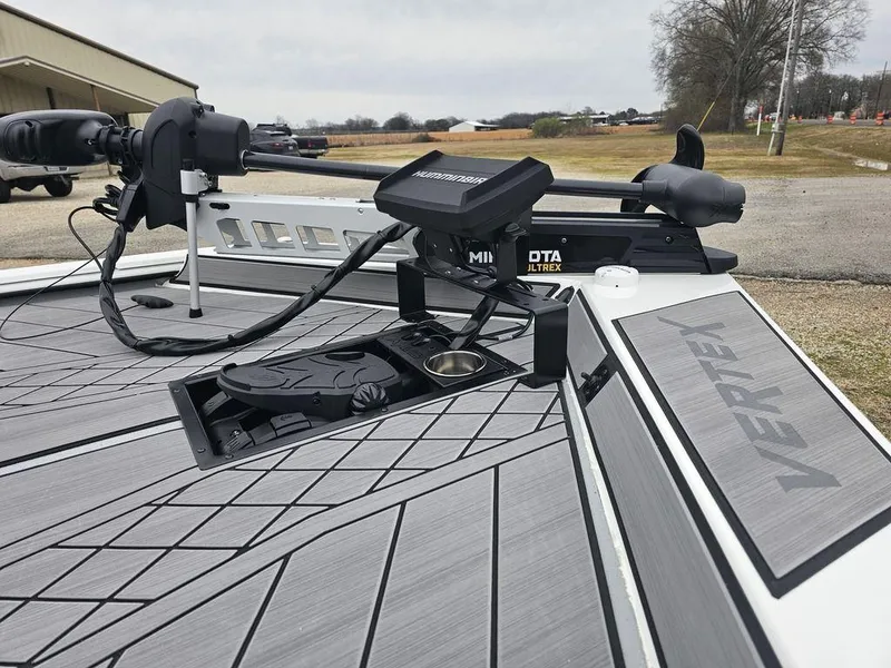 Slide: The Image of 2025 Avid 18 Vertex Crappie boat deck with advanced fishing equipment. - 12
