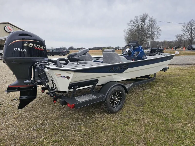 Slide: The Image of 2025 Avid 18 Vertex Crappie boat with Yamaha engine on trailer. - 6