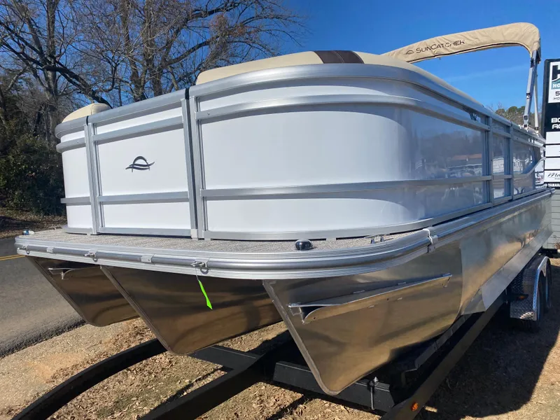 Slide: The Image of 2025 SunCatcher Select 322RC pontoon boat on trailer, side view. - 5