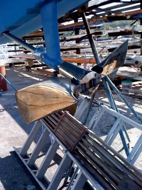 Slide: The Image of Propeller and rudder of 1983 C&C 35 MKIII sailboat in dry dock. - 49