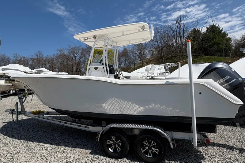 Slide: The Image of 2013 Tidewater 230 boat on trailer, parked outdoors under a clear sky. - 4