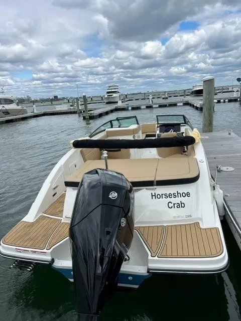 Slide: The Image of 2023 Sea Ray SPX 230 OB boat docked, featuring "Horseshoe Crab" name on stern. - 2
