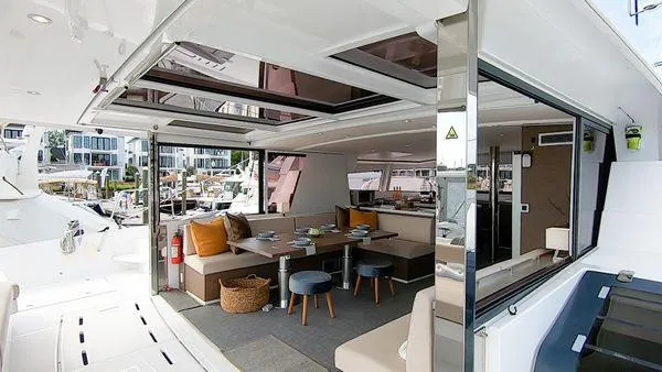 Slide: The Image of Luxurious interior of 2021 Bali 5.4 yacht with modern seating and open design. - 21