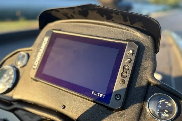 Slide: The Image of Dashboard of 2025 Ranger RT198P boat featuring Lowrance Elite fishfinder. - 25