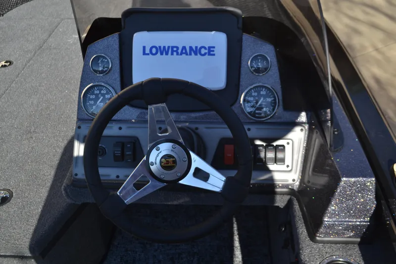 Slide: The Image of 2025 Ranger VS1882SC Angler dashboard with Lowrance display and steering wheel. - 5