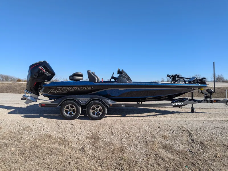 Slide: The Image of 2025 Nitro Z20 XL Pro boat on trailer, side view, outdoors. - 7