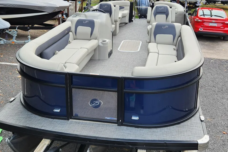 Slide: The Image of 2024 Barletta Aria 24QC pontoon boat with spacious seating and sleek design. - 6