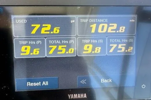 Slide: The Image of Yamaha display showing fuel usage and trip data for 2021 Jeanneau Leader 9.0 WA. - 44