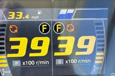 Slide: The Image of Digital dashboard of 2021 Jeanneau Leader 9.0 WA showing speed and RPM readings. - 46