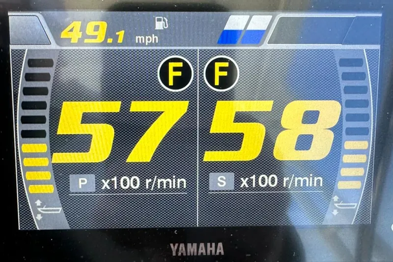 Slide: The Image of Dashboard display showing 49.1 mph speed on a 2021 Jeanneau Leader 9.0 WA. - 47