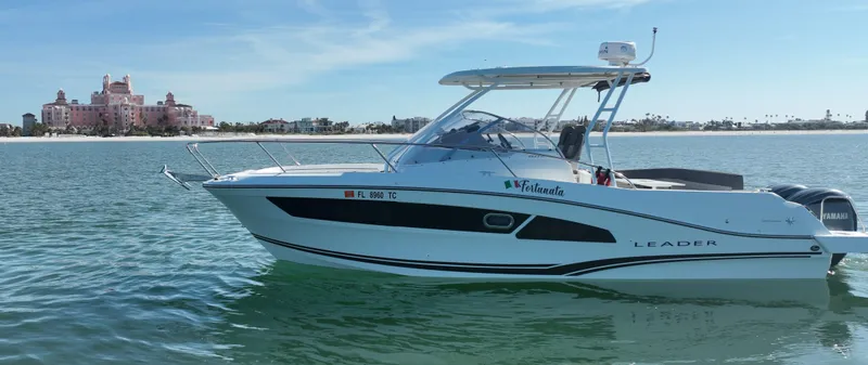 Slide: The Image of 2021 Jeanneau Leader 9.0 WA boat on calm water with distant shoreline. - 7