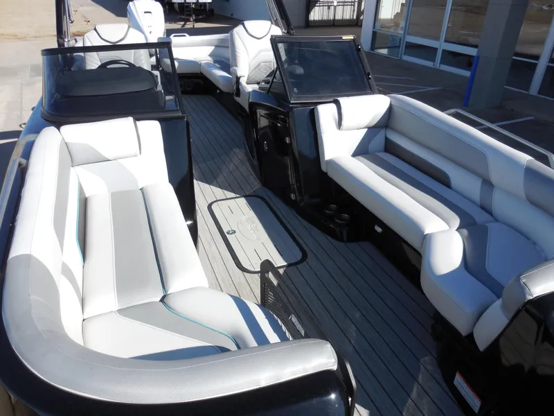 Slide: The Image of 2019 SunCatcher Amara boat interior with spacious seating and modern design. - 7
