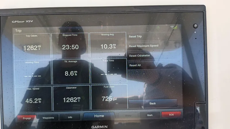 Slide: The Image of Garmin GPS display on a 2017 Regulator 23 boat showing trip statistics. - 19