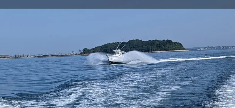 Slide: The Image of 2017 Regulator 23 boat speeding on open water near an island. - 8