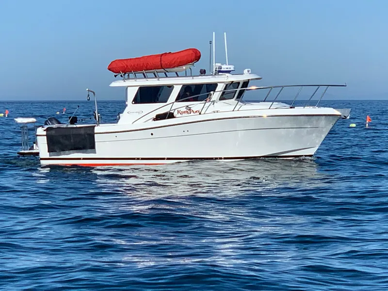 Slide: The Image of 2005 Ocean Sport Roamer 30 boat on calm blue water, side view. - 26