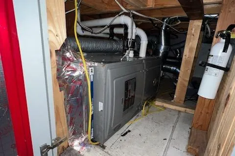 Slide: The Image of Furnace system in a wooden attic space with ductwork and a fire extinguisher. - 24
