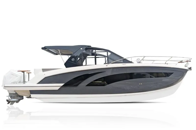 Slide: The Image of 2025 Hanover 387 Grey & Black Edition Outboard boat, sleek design, side view. - 16