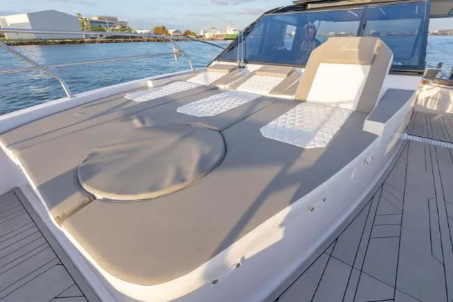 Slide: The Image of 2025 Hanover 387 Grey & Black Edition Outboard with spacious deck and luxurious seating. - 5