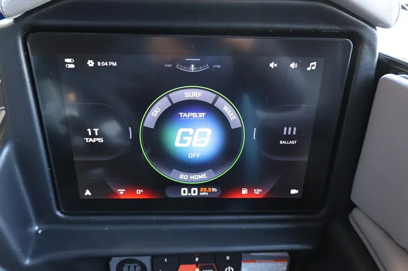 Slide: The Image of Touchscreen display of 2025 Tigé 24RZX boat showing TAPS 3T system controls. - 37