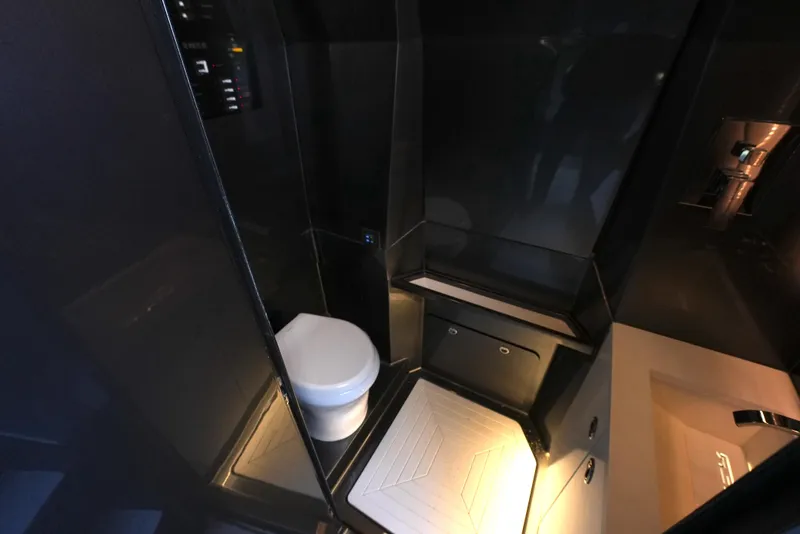 Slide: The Image of Luxurious bathroom interior of 2024 Adrenaline 47 Reaper yacht, featuring modern design and lighting. - 31