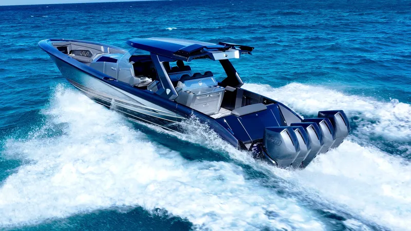 Slide: The Image of 2024 Adrenaline 47 Reaper speedboat cruising on ocean waves. - 35