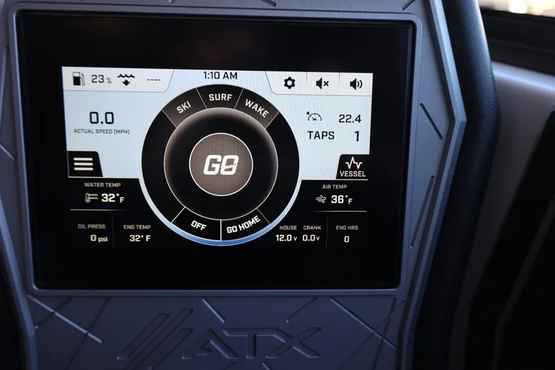 Slide: The Image of ATX Surf Boats 2025 24 Type-S dashboard display showing speed, temperature, and settings. - 19