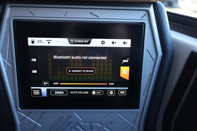Slide: The Image of Touchscreen display in 2025 ATX Surf Boats 24 Type-S, showing Bluetooth audio not connected. - 21