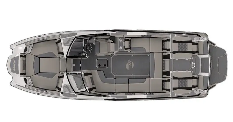 Slide: The Image of 2025 Malibu 24 MXZ boat interior layout, top view, showcasing seating and design features. - 4