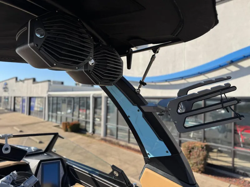 Slide: The Image of 2023 Tigé Z3 boat with mounted speakers and wakeboard rack. - 15