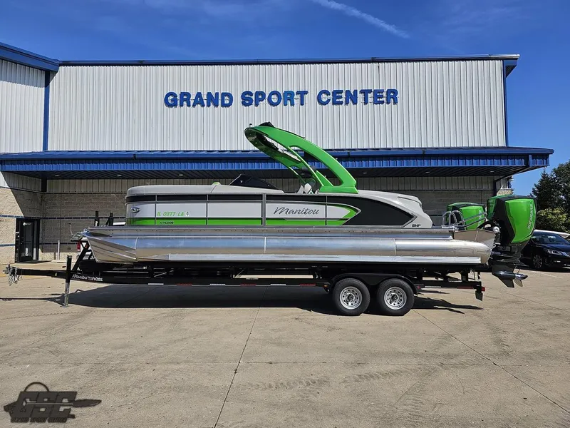 Slide: The Image of 2021 Manitou 25 X-Plode pontoon boat at Grand Sport Center. - 1
