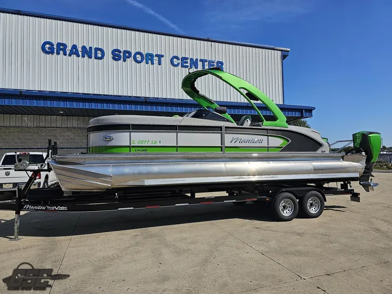 Slide: The Image of 2021 Manitou 25 X-Plode pontoon boat on trailer at Grand Sport Center. - 4