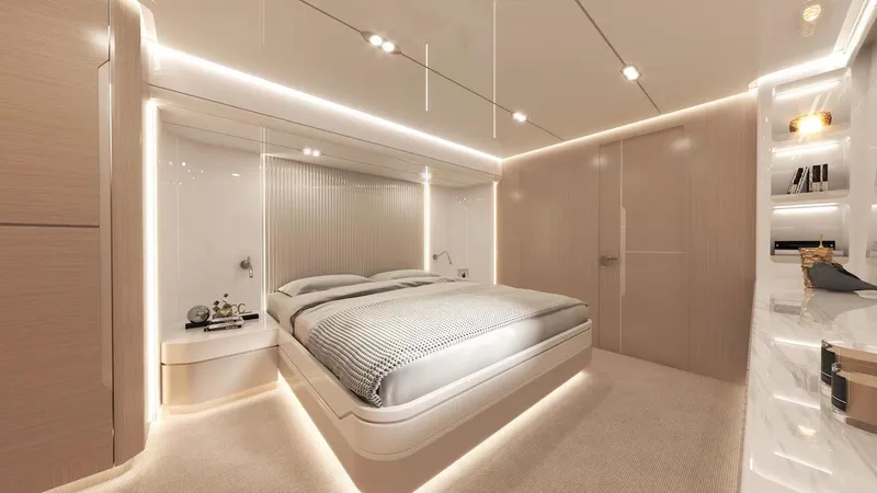 Slide: The Image of Luxurious bedroom interior of 2025 Catamaran Diamond Yachts EF66, featuring modern design and ambient lighting. - 10