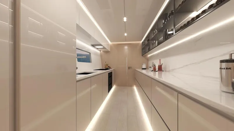 Slide: The Image of Luxurious modern kitchen in 2025 Catamaran Diamond Yachts EF66, featuring sleek cabinetry and ambient lighting. - 11