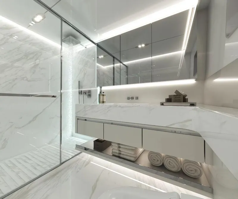 Slide: The Image of Luxurious bathroom in 2025 Catamaran Diamond Yachts EF66 with marble and modern fixtures. - 13