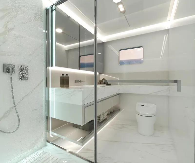Slide: The Image of Luxurious bathroom in 2025 Catamaran Diamond Yachts EF66 with modern fixtures and elegant design. - 14