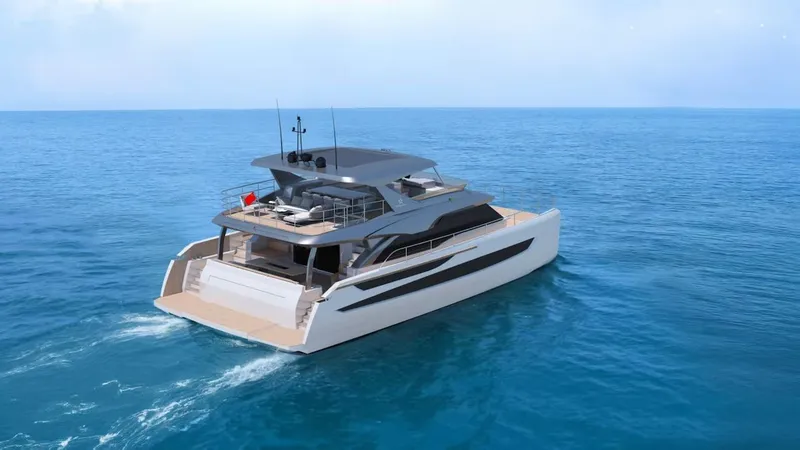 Slide: The Image of Luxurious 2025 Catamaran Diamond Yachts EF66 cruising on open sea. - 2