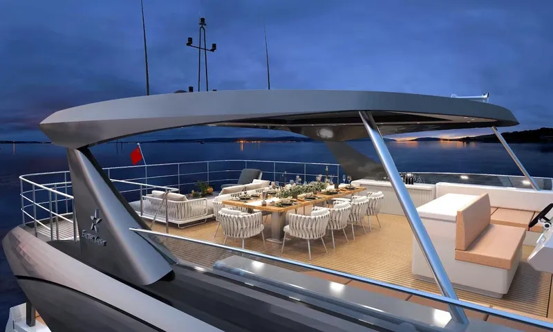 Slide: The Image of Luxurious 2025 Catamaran Diamond Yachts EF66 with elegant outdoor dining area at sunset. - 5