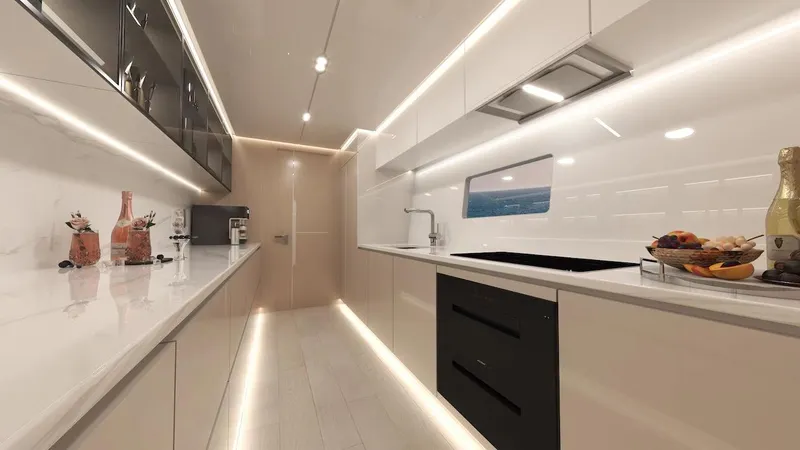 Slide: The Image of Luxurious modern kitchen in 2025 Catamaran Diamond Yachts EF66, featuring sleek countertops and ambient lighting. - 8