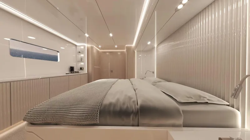 Slide: The Image of Luxurious bedroom interior of 2025 Catamaran Diamond Yachts EF66, featuring modern design and ambient lighting. - 9