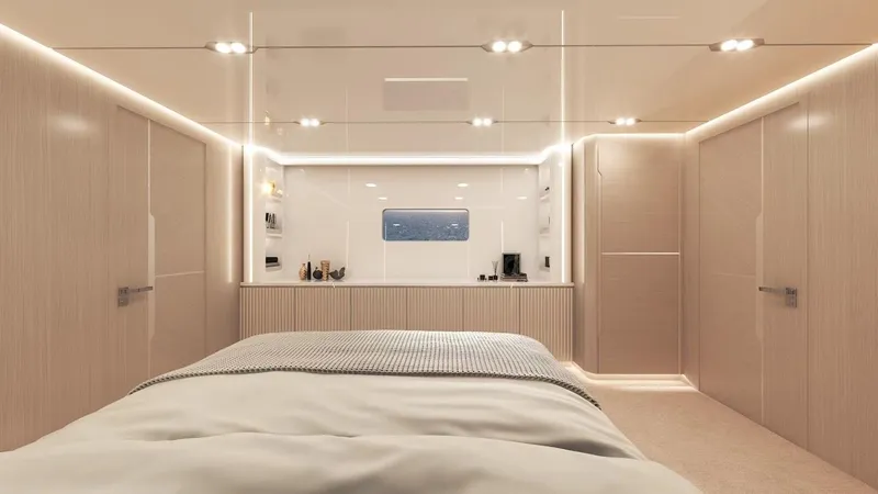 Slide: The Image of Luxurious interior of 2025 Catamaran Diamond Yachts EF66, featuring modern bedroom design. - 12