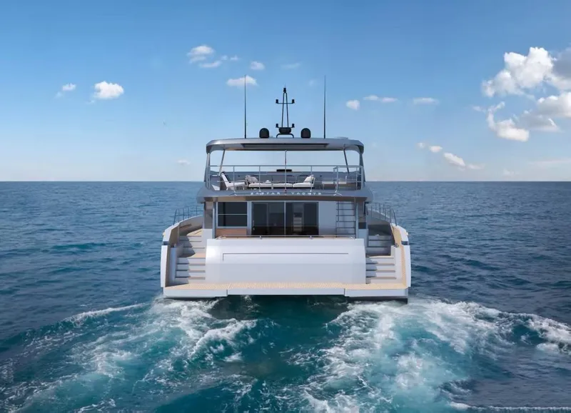 Slide: The Image of Luxurious 2025 Catamaran Diamond Yachts EF66 at sunset, featuring elegant outdoor seating. - 6