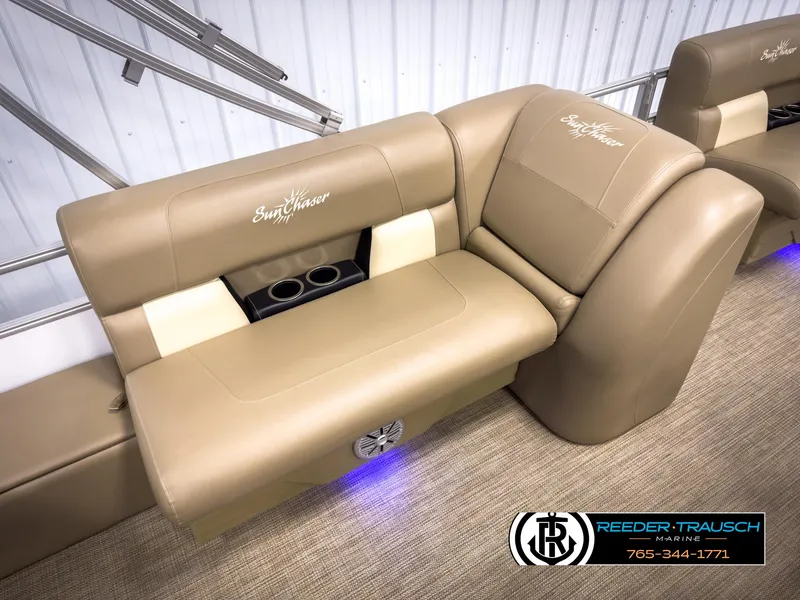 Slide: The Image of 2023 SunChaser 20 Vista Fish boat seating with cup holders and ambient lighting. - 20